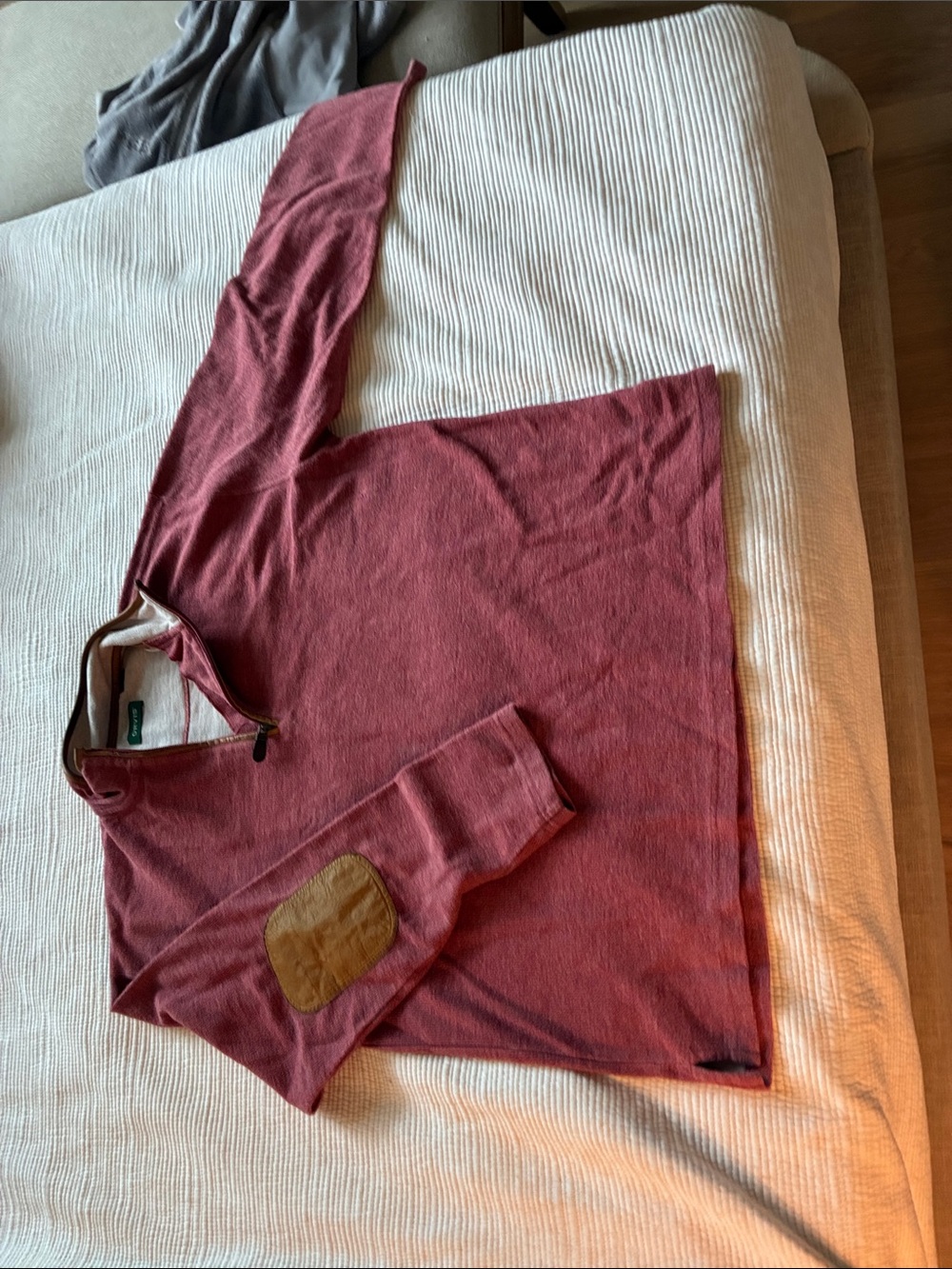 Orvis men’s Half-Zip Pullover in Dusty Rose with Tan Elbow Patch